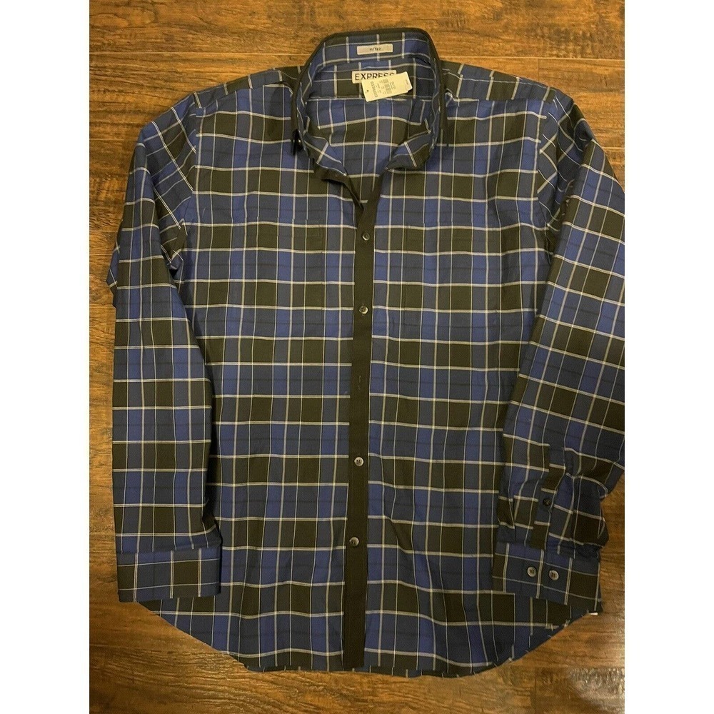 Express Fitted Men’s Long Sleeve Button Down Blue Plaid Shirt Size XL